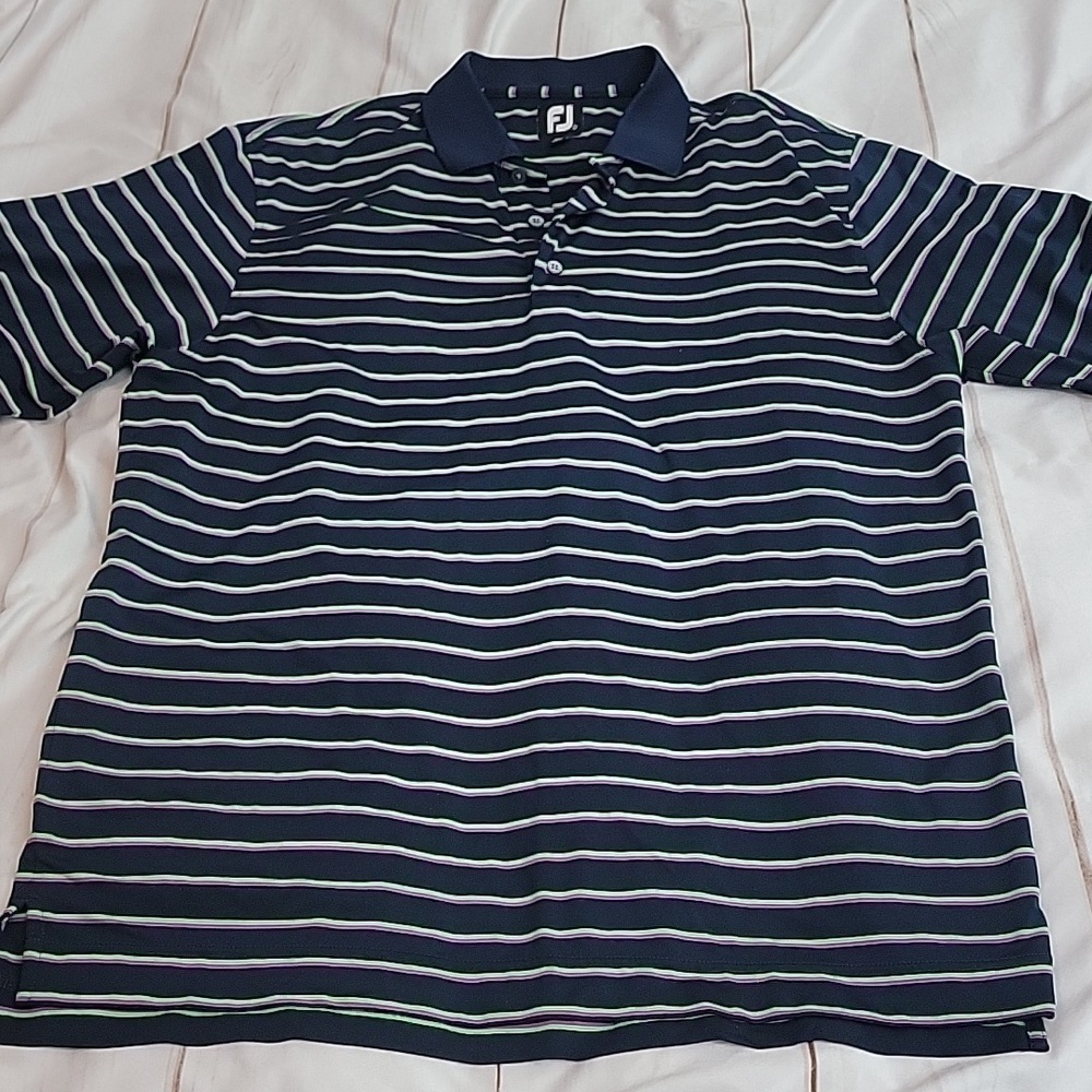Foot Joy FJ Mens Large Polo Navy Stripped Purple Green Lightweight Breathable